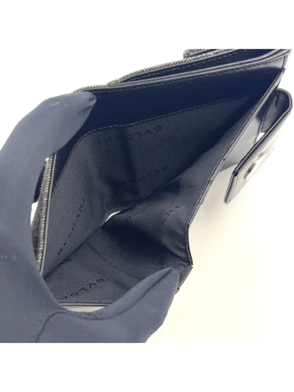 Bvlgari Lettere Logo Mania Leather Denim Navy Black Bifold Wallet Silver